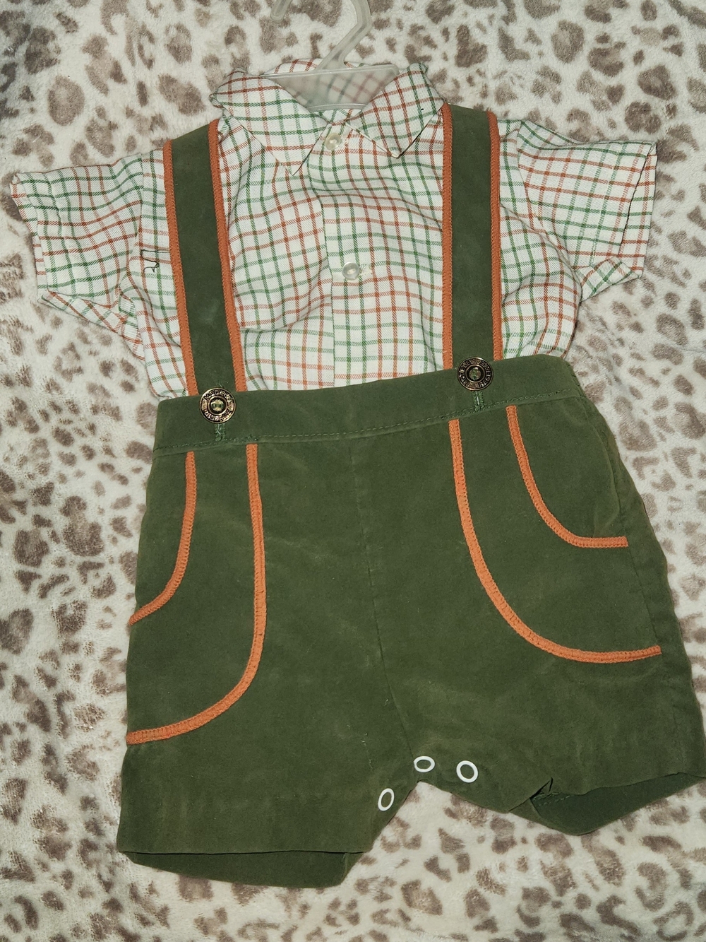 Olive Green Baby Boys Suspender Shorts with Orange Trim